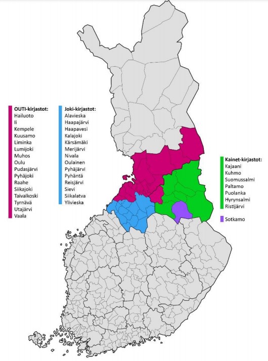 Kartta Kainuun ja Pohjois-Pohjanmaan kirjastoryhmistä