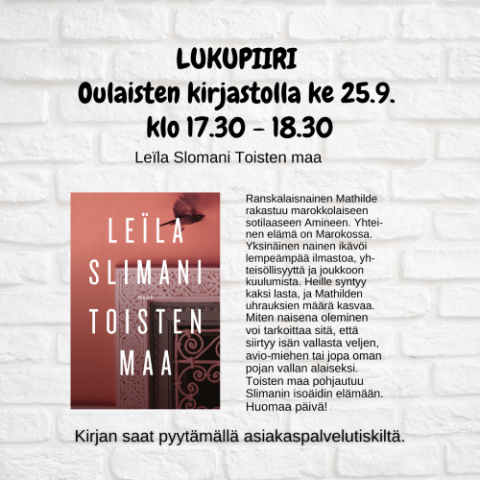 Kirjaston juliste lukupiiristä, jossa kirjan kuva ja lyhyt synopsis kirjasta