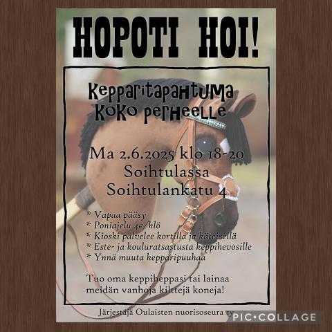 Vapaa pääsy. Poniajelu 4€/hlö. Kioski palvelee kortilla ja käteisellä. Este- ja kouluratsastusta keppihevosilla, sekä kaikkea muuta keppari puuhaa.
