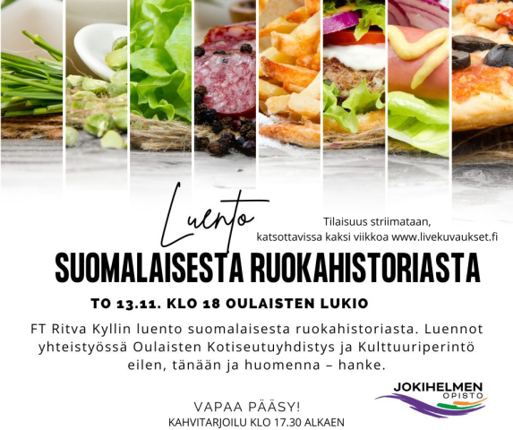 Luento suomalaisesta ruokahistoriasta klo 18 Oulaisten lukiolla