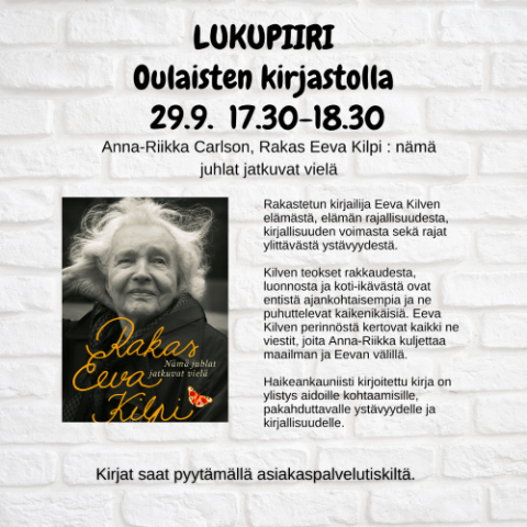 Kuva taphtuman julisteesta, kuvassa kirjan kansi ja lyhyt kuvaus kirjasta.