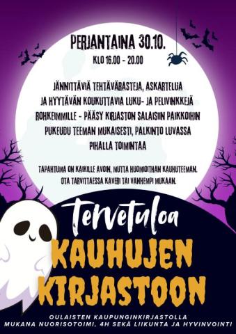 Kauhujen kirjasto tapahtuman juliste, jossa haamuja ja pelottava maisema taustalla.